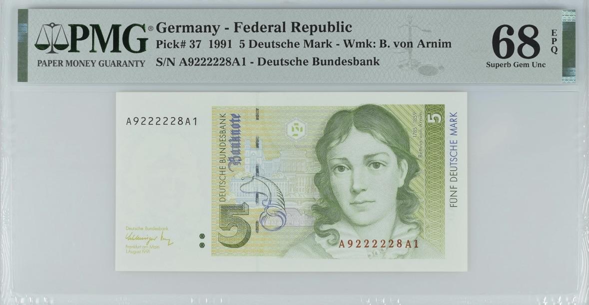 收藏联盟Quantum Auction 第349期拍卖  德国联邦1991年5马克AA_A1冠 PMG68 老虎号身 号码无3457朦胧号