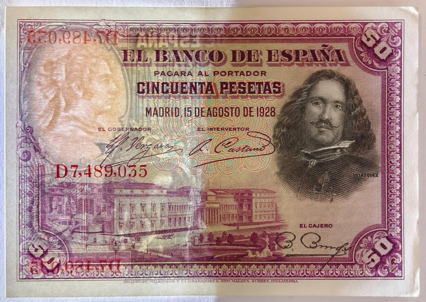 紫瑗钱币——第371期拍卖——纸币场 西班牙 1928年 油画《布雷达的献城》50比塞塔 UNC- (P-75b)