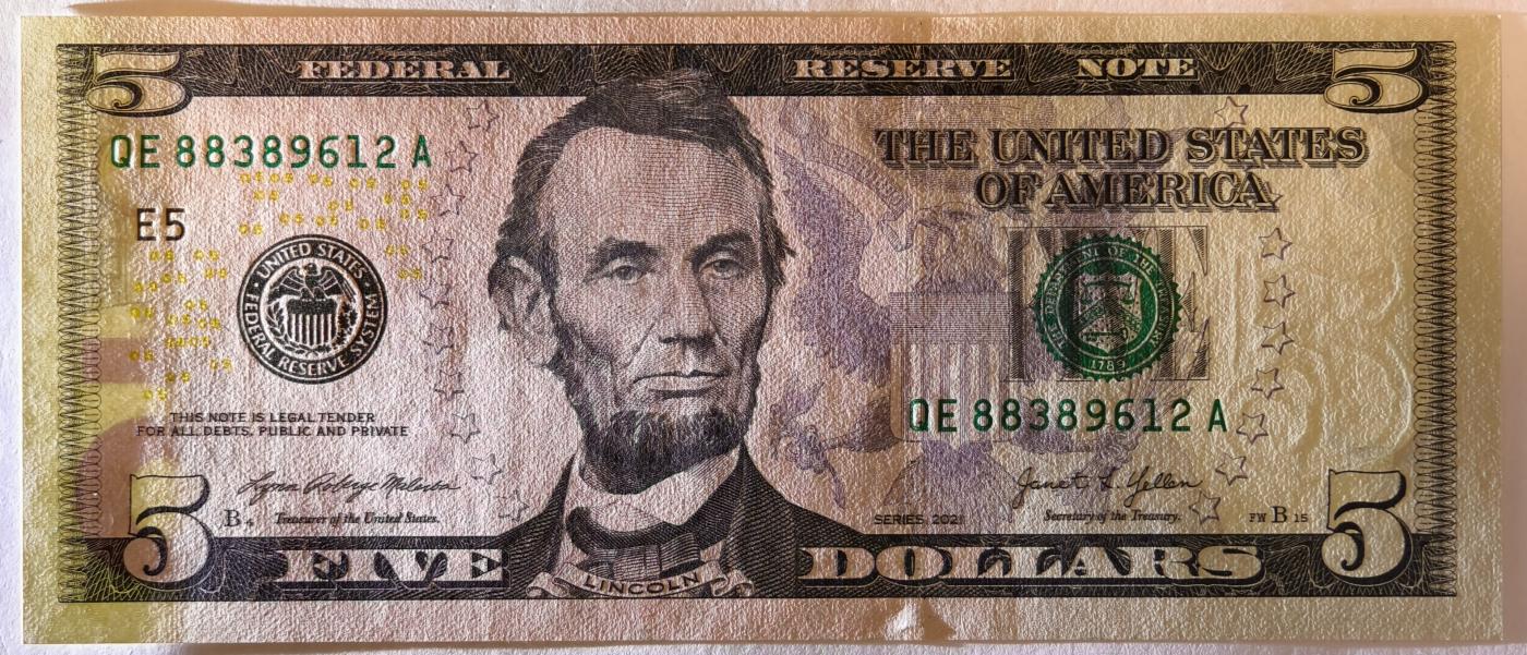 紫瑗钱币——第357期拍卖—— 纸币场 美国 2021年 E版 无序列 亚伯拉罕·林肯 5美元 彩色版 UNC