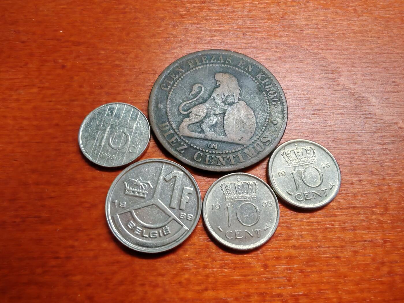 长老汇龙年散币拍卖第一场 1870-1989西班牙、比利时、荷兰铜镍币，5枚，流通品相如图