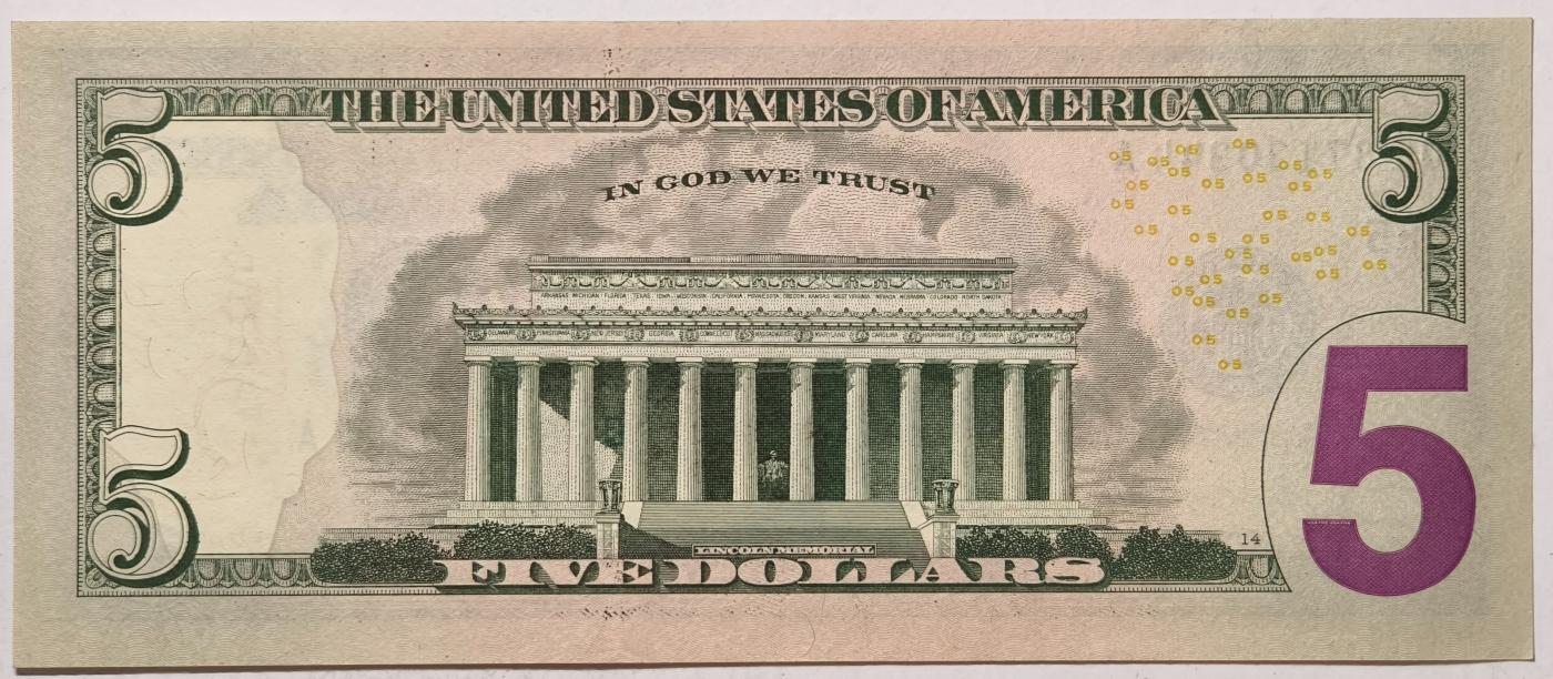 紫瑗钱币——第357期拍卖—— 纸币场 【双尾4】美国 2021年 E版 无序列 亚伯拉罕·林肯 5美元 彩色版 UNC