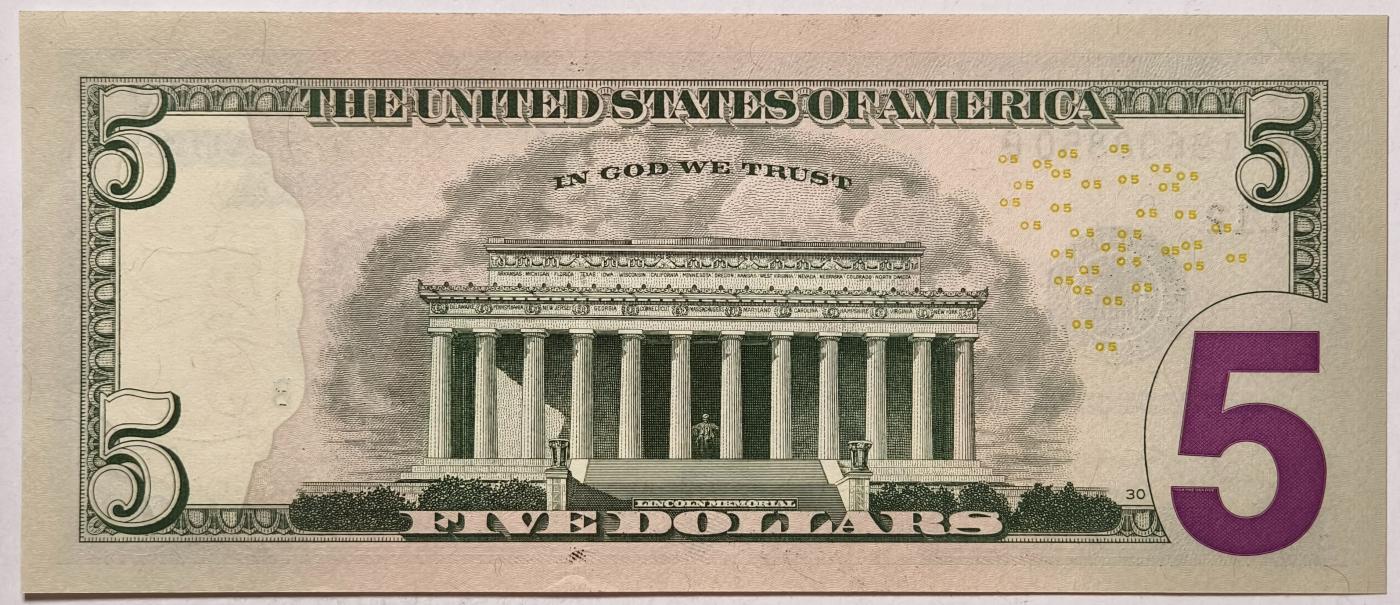 紫瑗钱币——第357期拍卖—— 纸币场 美国 2021年 L版 无序列 亚伯拉罕·林肯 5美元 彩色版 UNC