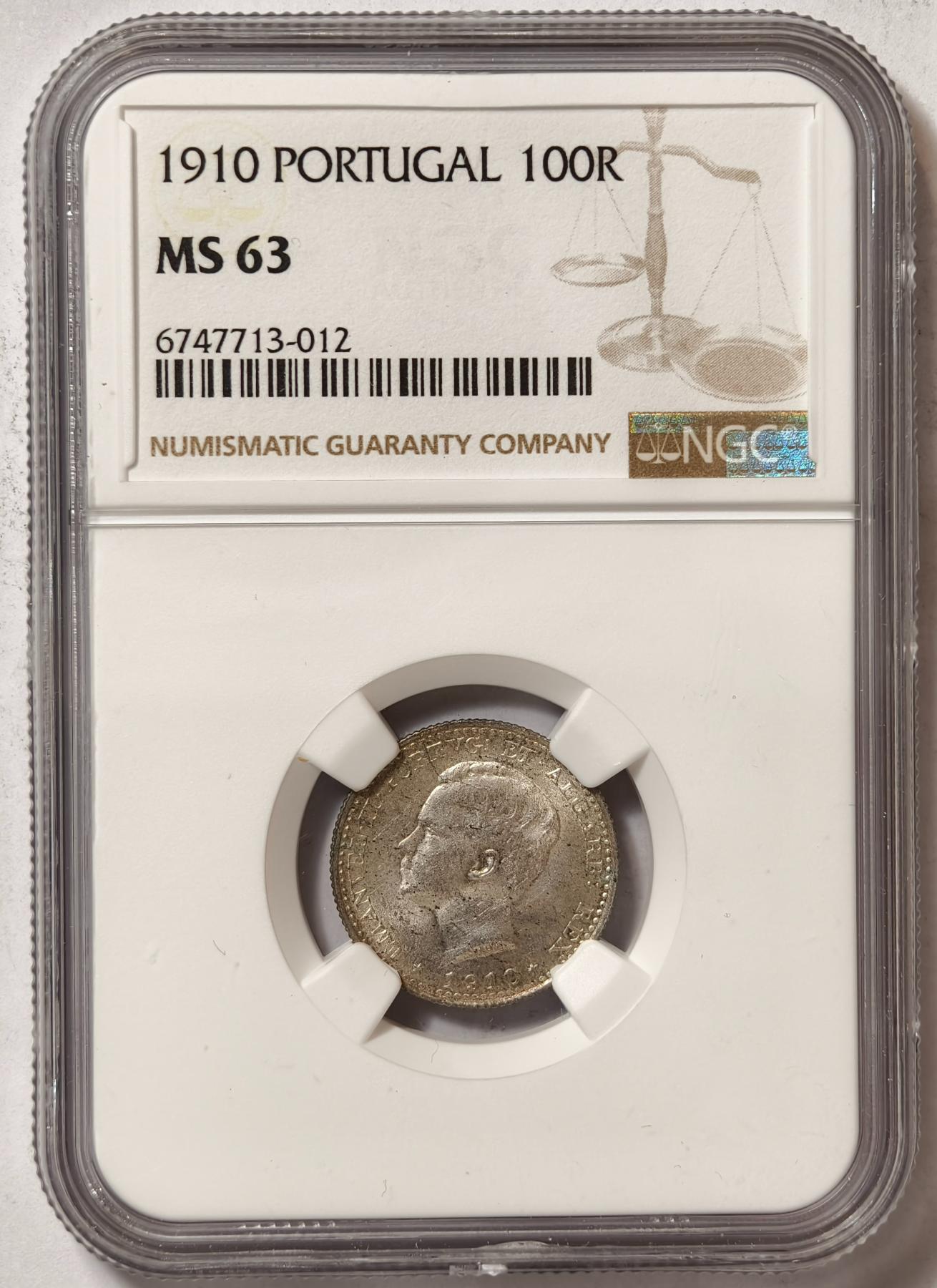 紫瑗钱币——第376期拍卖 葡萄牙 1910年 曼努埃尔二世 100瑞斯 银币 NGC MS63