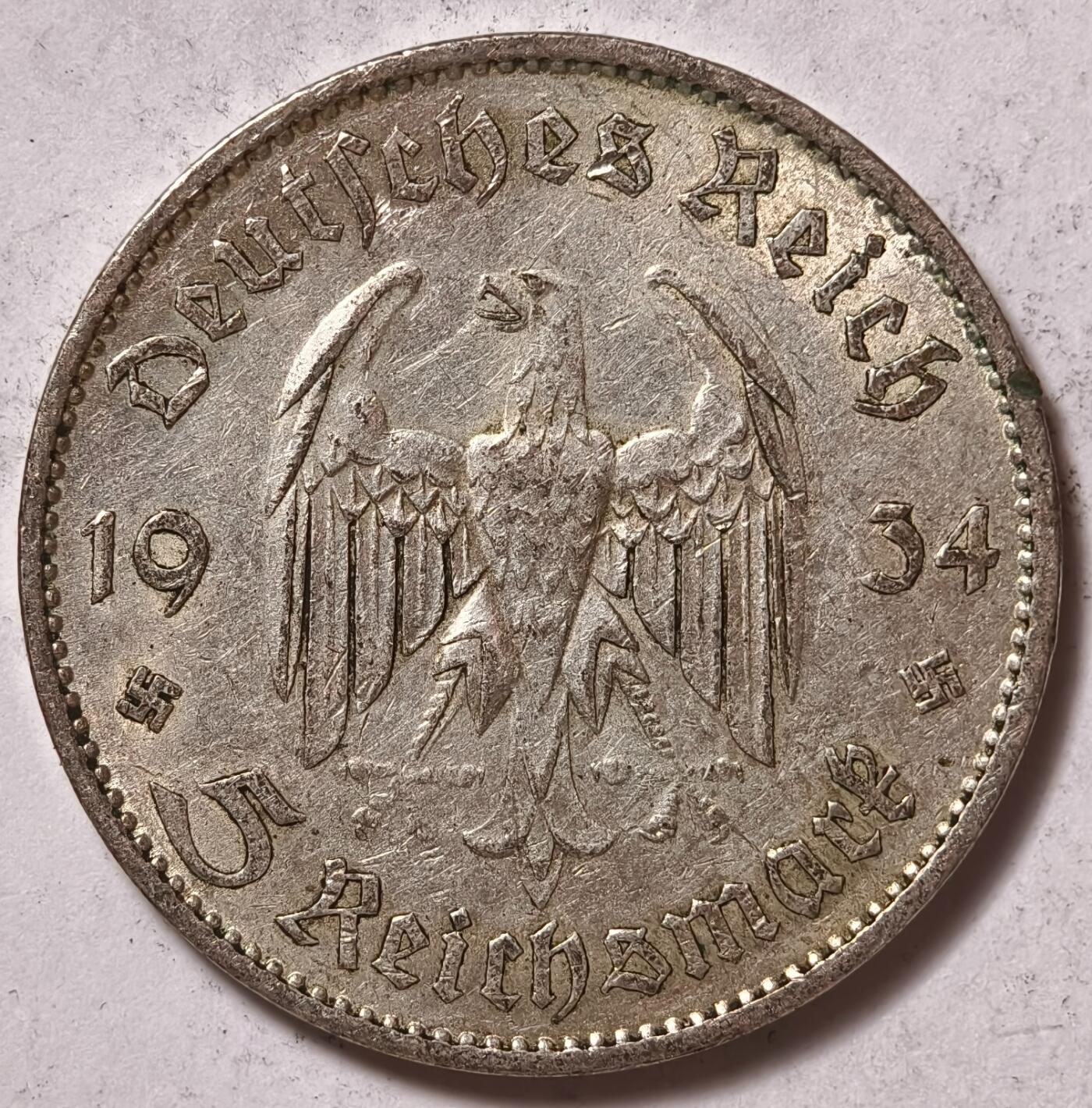 紫瑗钱币——第376期拍卖 德国 1934年 A版 波茨坦教堂 5马克 13.9克 0.9银 