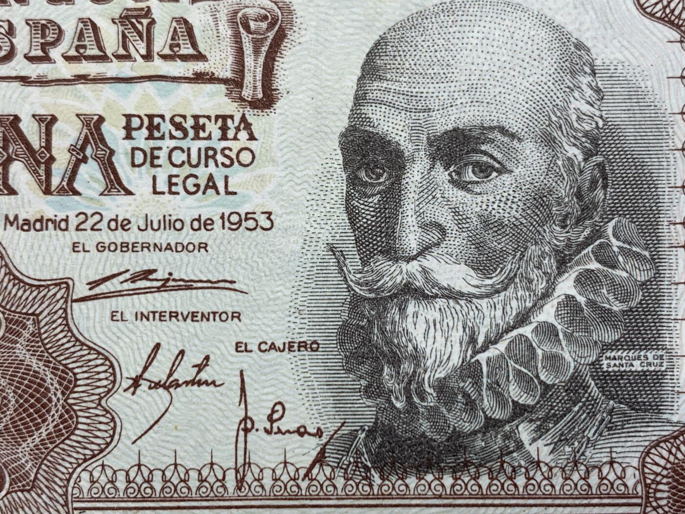 《竞宝斋》第274场- 周日，周一，周二  3场连拍 （全场包邮） 西班牙 1951年 唐吉坷德 1比塞塔 纸币