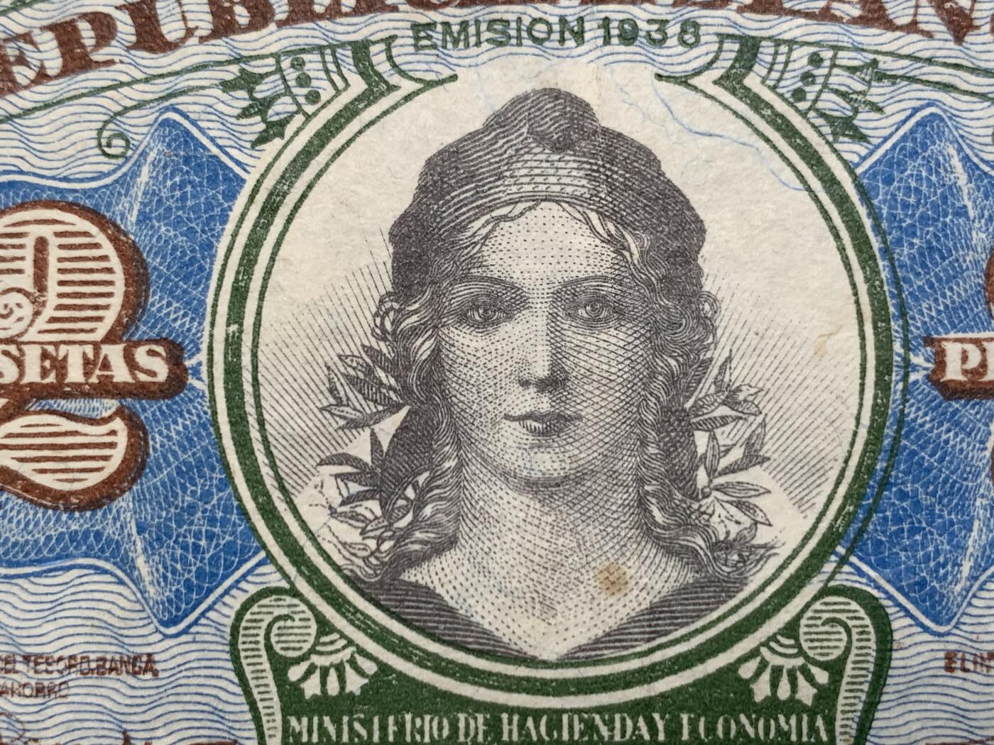 《竞宝斋》第274场- 周日，周一，周二  3场连拍 （全场包邮） 西班牙 1938年 第二共和国 2比塞塔 纸币