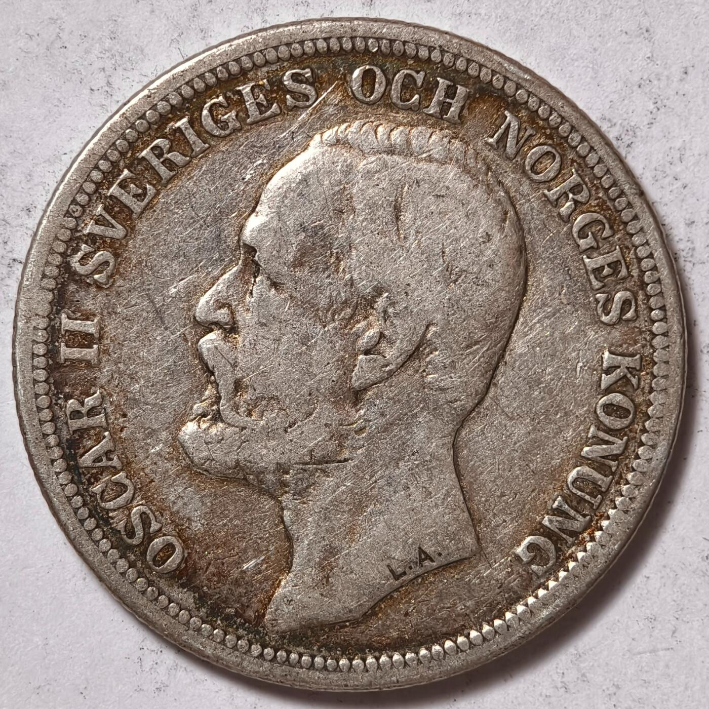 紫瑗钱币——第376期拍卖 瑞典 1900年 奥斯卡二世 2克朗 15克 0.8银