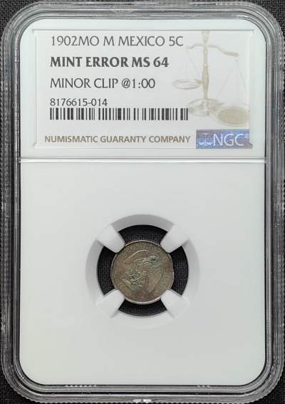 第36期钱币微拍 全场顺丰包邮 - NGC MINT ERROR MS64 墨西哥 1902年Mo 5分银币 五彩错版高分