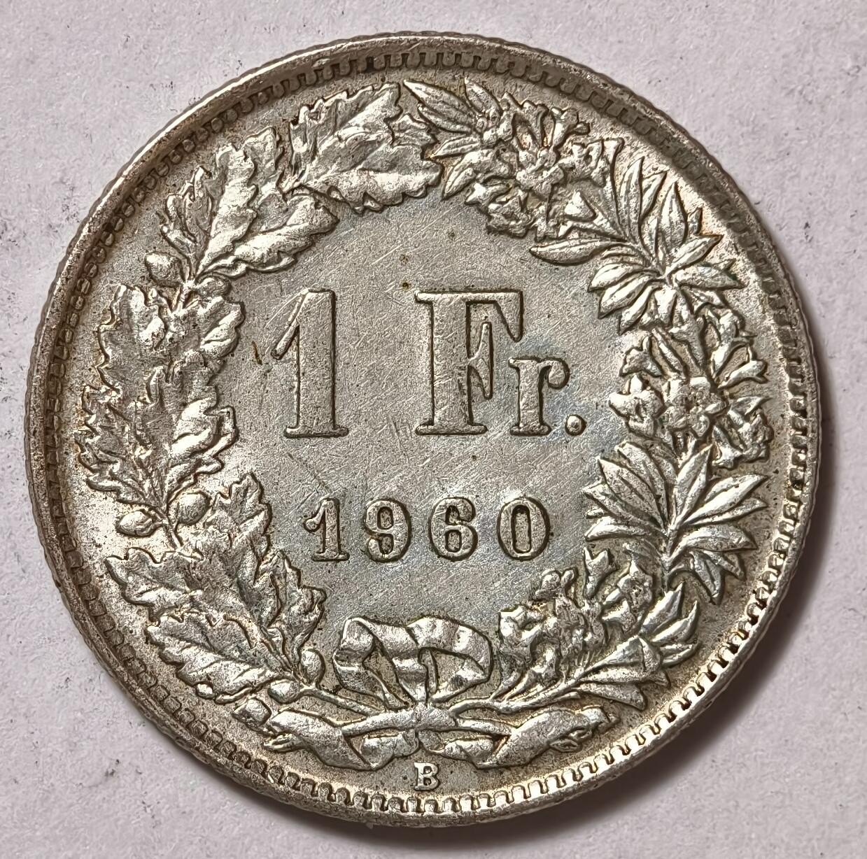 紫瑗钱币——第376期拍卖 瑞士 1960年 B版 赫尔维蒂女神 1法郎 5克 0.835银