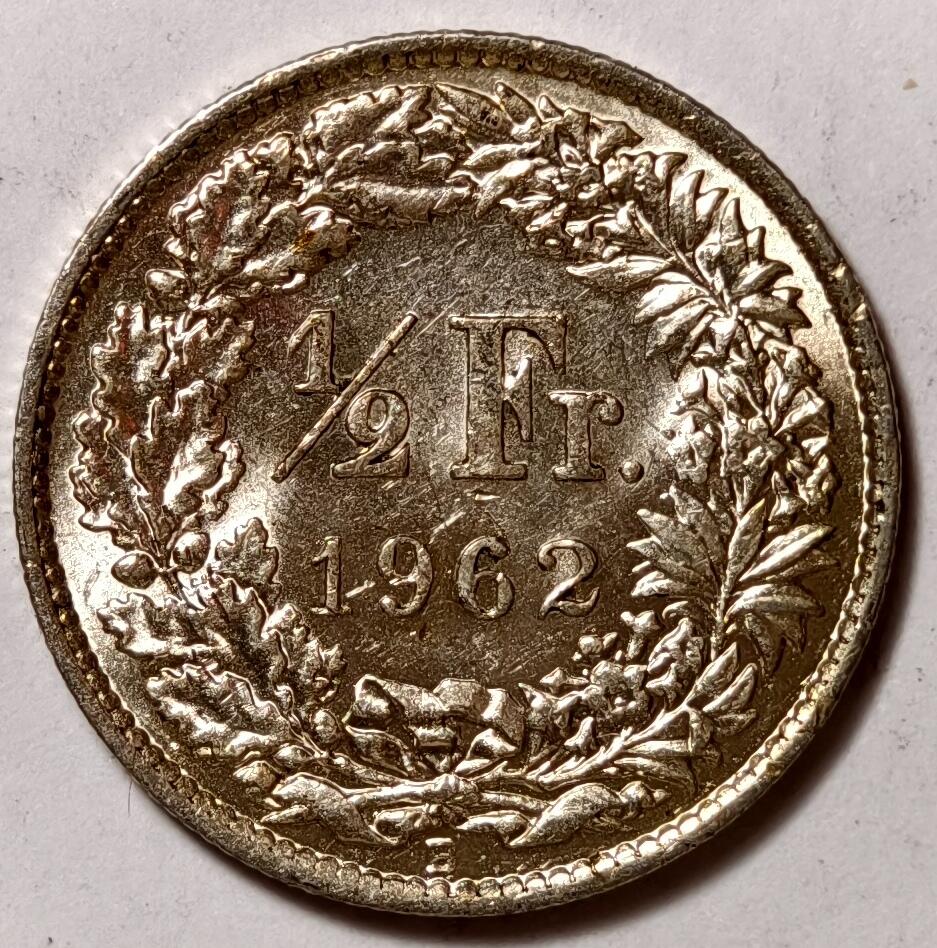 紫瑗钱币——第376期拍卖 瑞士 1962年 B版 赫尔维蒂女神 1/2法郎 2.5克 0.835银 UNC