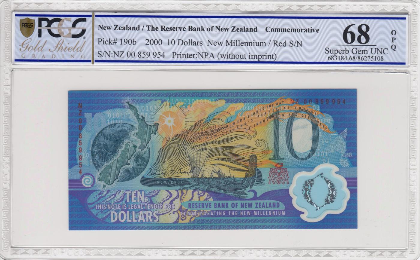 收藏联盟Quantum Auction 第349期拍卖  新西兰2000年10元千禧年纪念钞 PCGS68