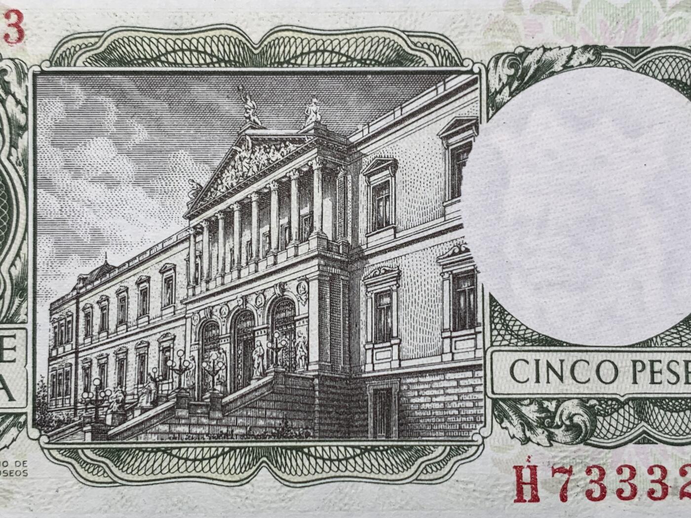 《竞宝斋》第274场- 周日，周一，周二  3场连拍 （全场包邮） 西班牙 1954年5比塞塔 纸币