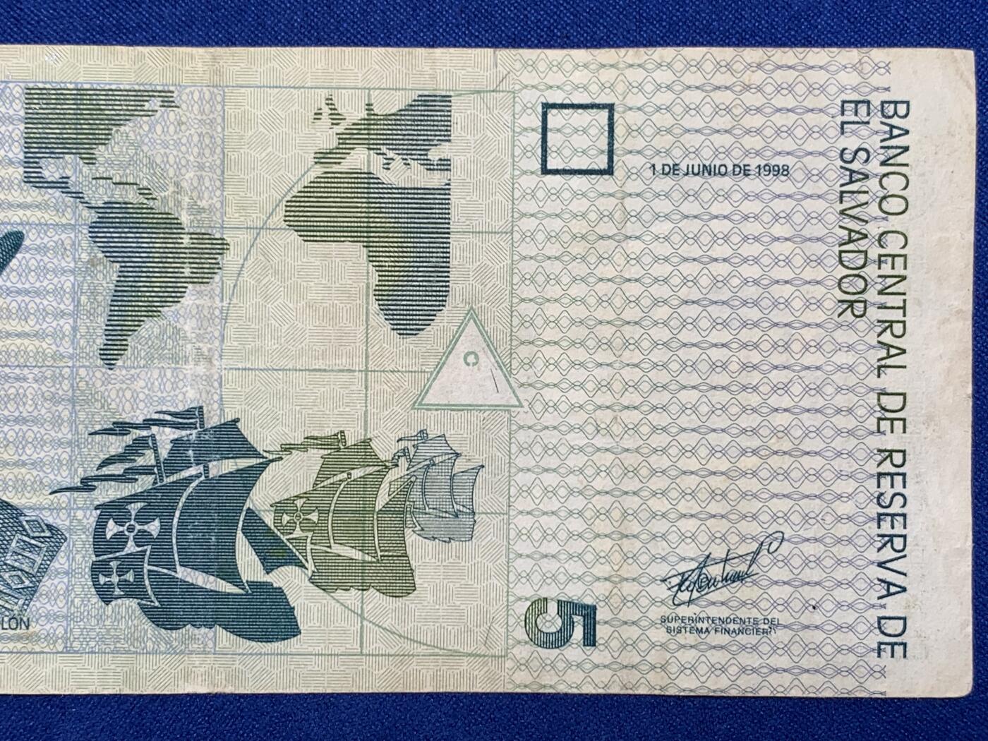 《竞宝斋》第274场- 周日，周一，周二  3场连拍 （全场包邮） 萨尔瓦多1998年纸币 5科隆 纸币