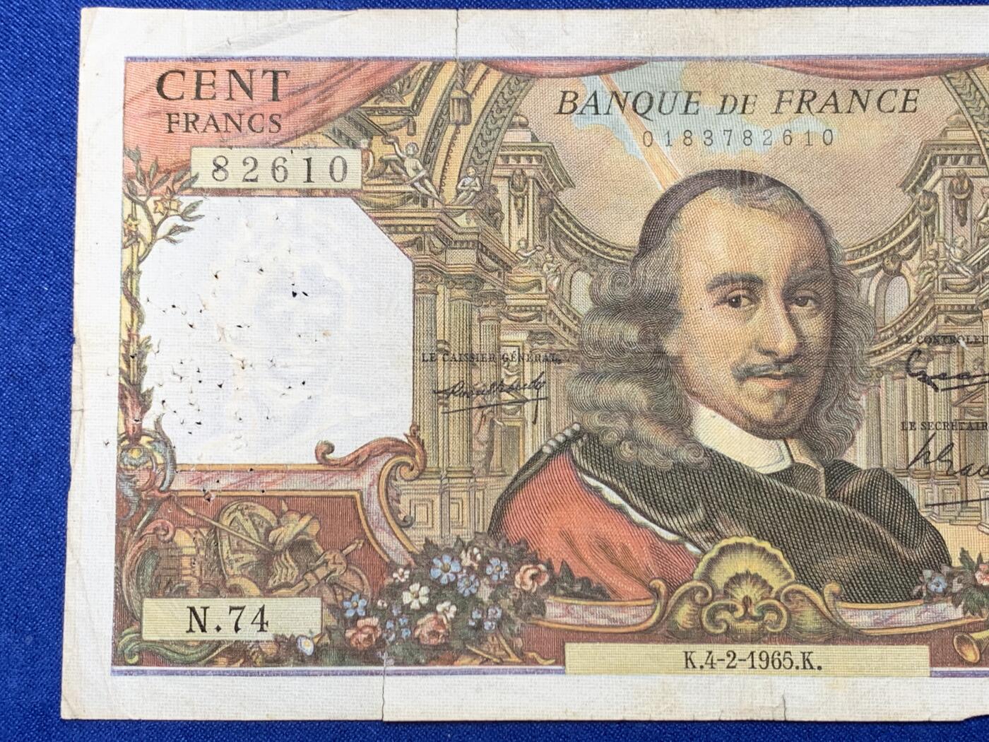 《竞宝斋》第274场- 周日，周一，周二  3场连拍 （全场包邮） 法国 1965年100法郎 细节见图