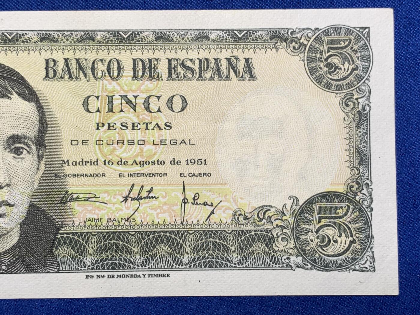 《竞宝斋》第274场- 周日，周一，周二  3场连拍 （全场包邮） 西班牙1951年纸币 5比塞塔 纸币