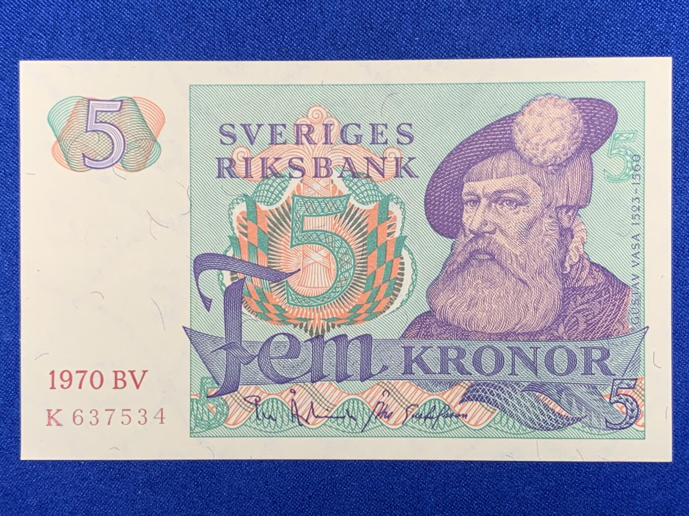 《竞宝斋》第274场- 周日，周一，周二  3场连拍 （全场包邮） 瑞典 1970 5克朗 纸币 细节见图