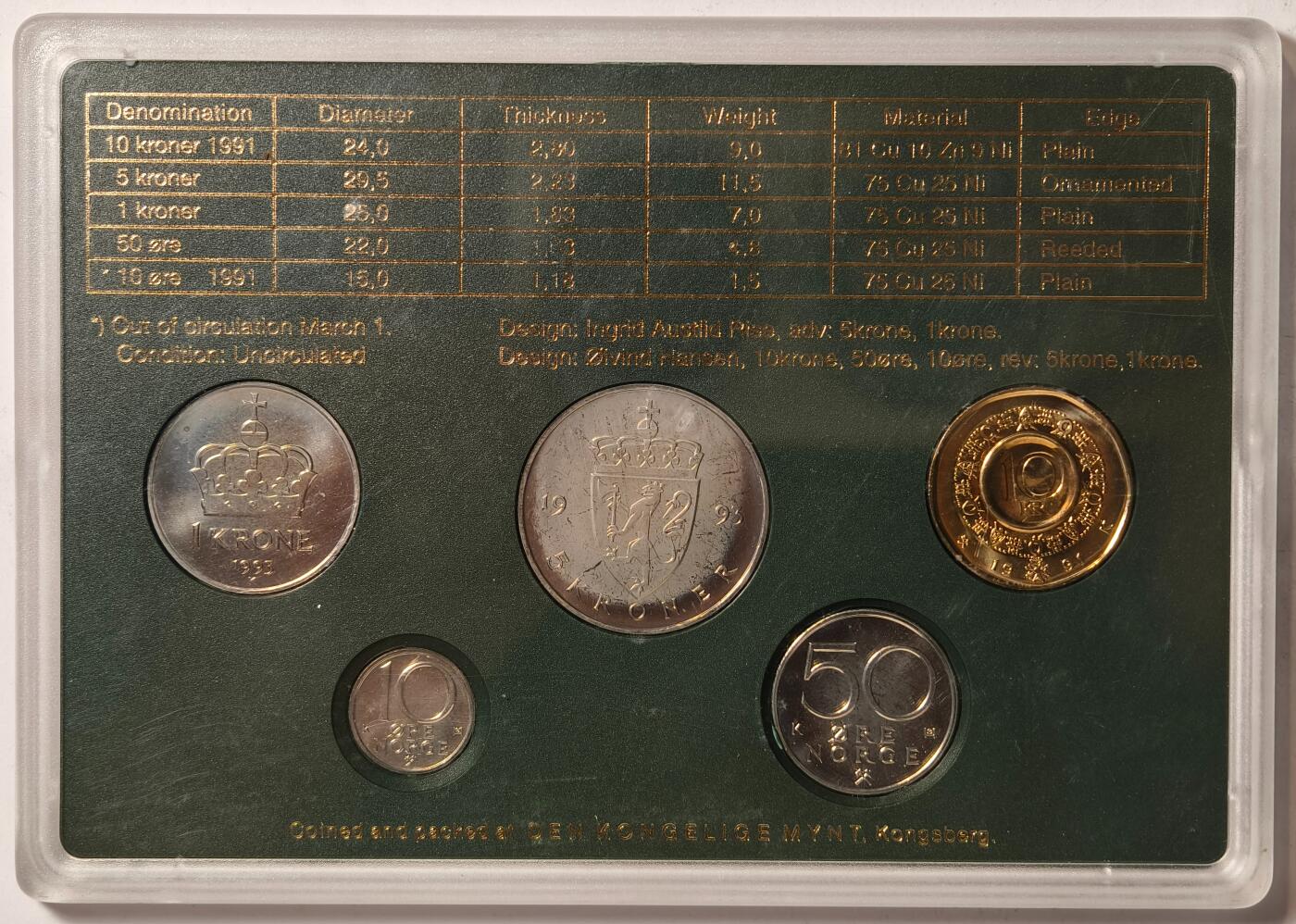 紫瑗钱币——第376期拍卖 挪威 1993年 流通硬币 5枚套 带一枚纪念币 造币厂原盒