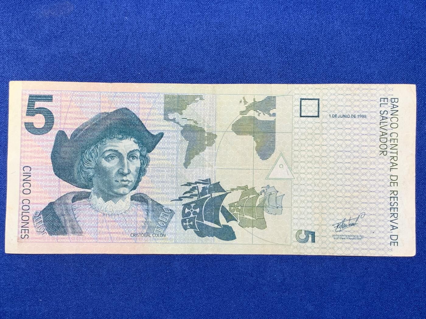 《竞宝斋》第274场- 周日，周一，周二  3场连拍 （全场包邮） 萨尔瓦多1998年纸币 5科隆 纸币