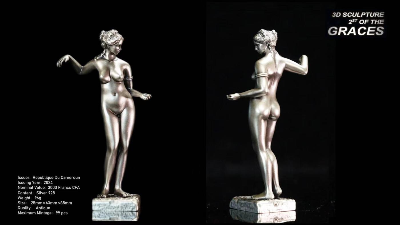 【海寧潮期货】喀麦隆2024年世界雕塑2三女神欢乐女神3D立体银币