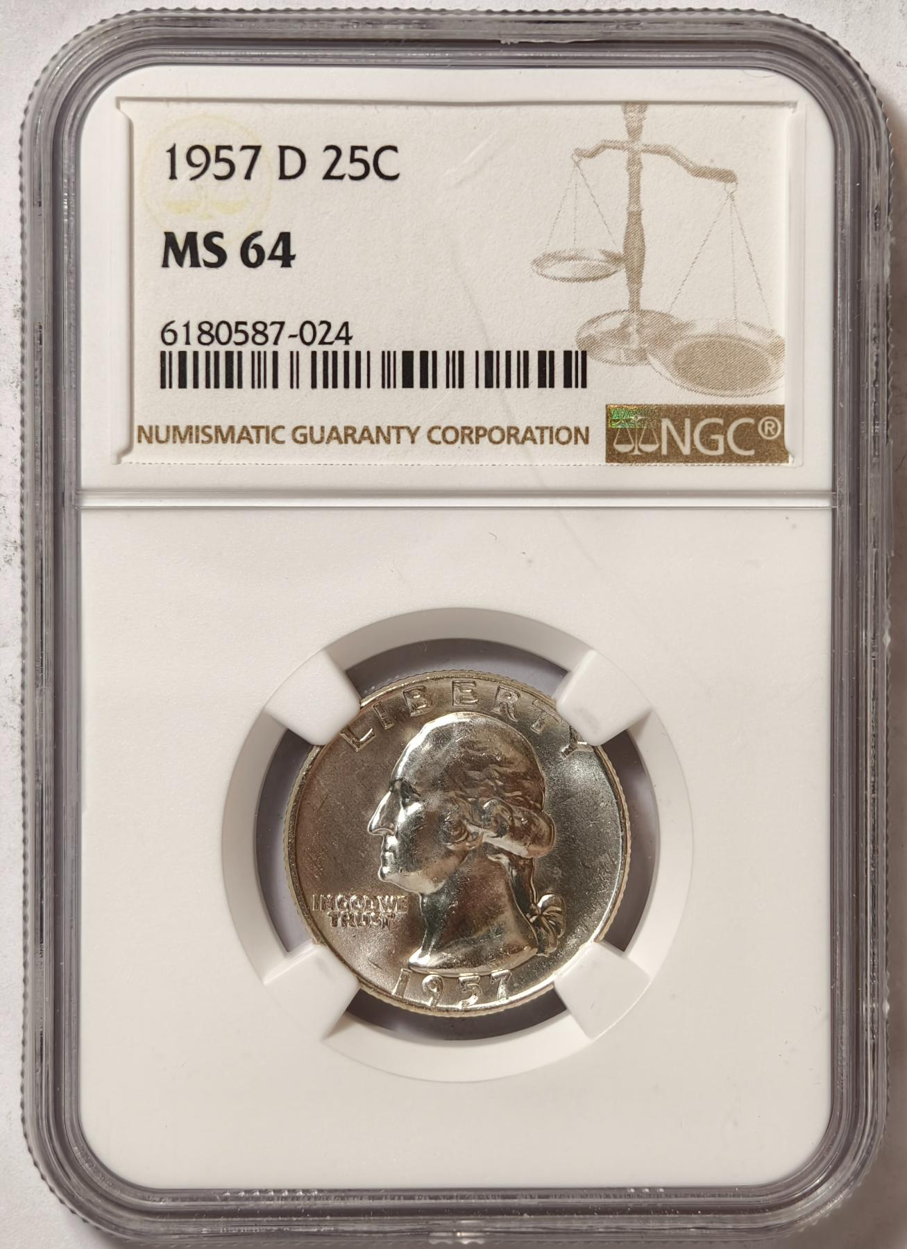 紫瑗钱币——第470期 美国 1957年 D版 华盛顿 25美分 银币 NGC MS64