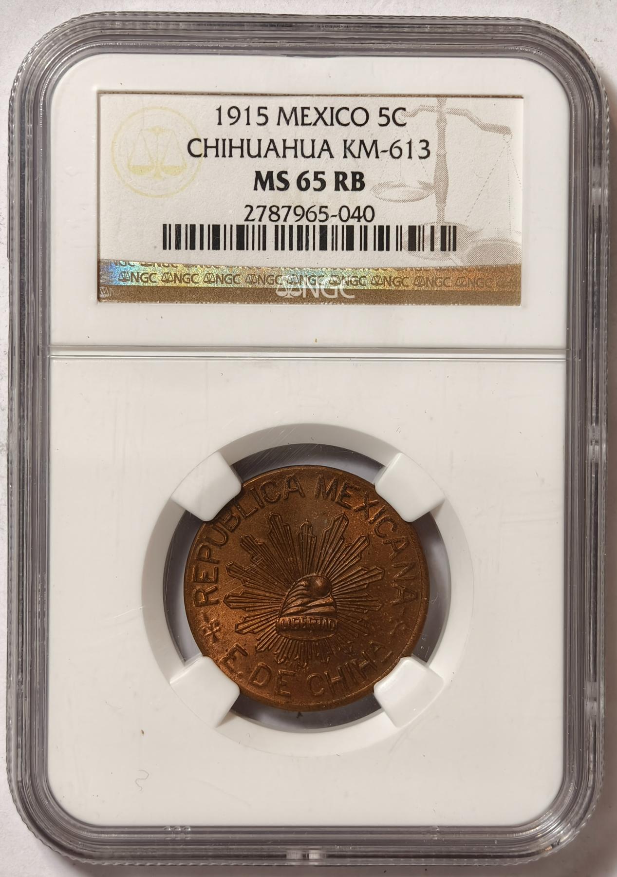 紫瑗钱币——第376期拍卖 墨西哥 1915年 奇瓦瓦州 5分 铜币 NGC MS65 RB
