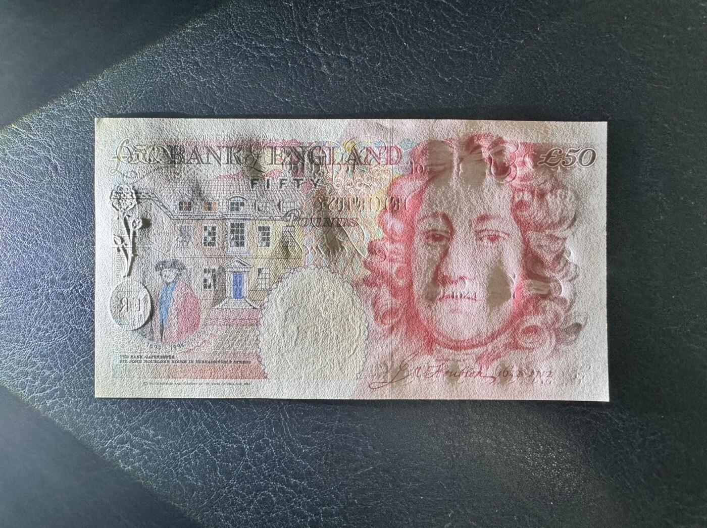 收藏联盟Quantum Auction 第349期拍卖  英国1994 (ND 2006)年50镑 品相UNC 角微瑕 号码全程无4 英格兰银行首任总裁 霍布伦