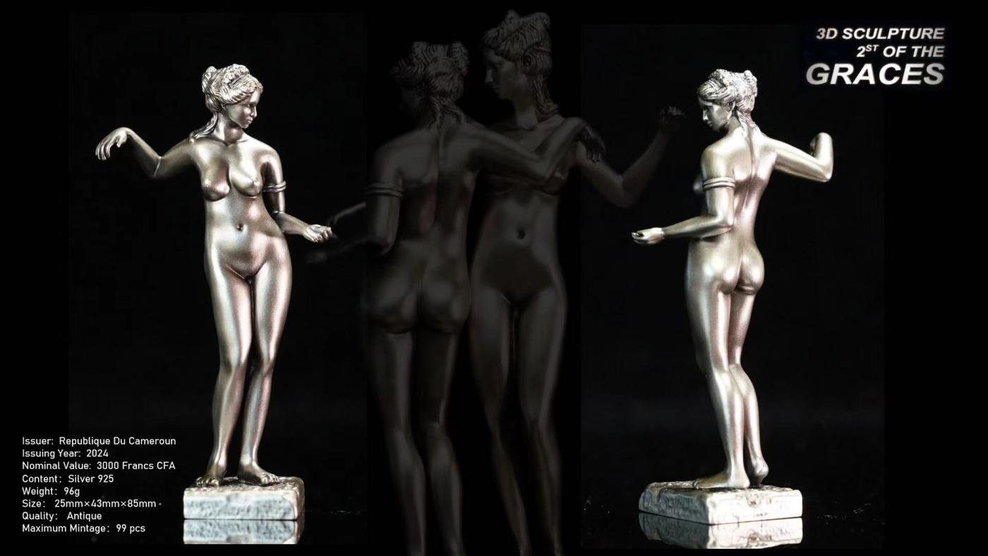 【海寧潮期货】喀麦隆2024年世界雕塑2三女神欢乐女神3D立体银币