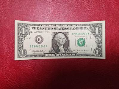 美国纸币 1995年 1美元 无47 B区A冠 全新UNC - 美国纸币 1995年 1美元 无47 B区A冠 全新UNC