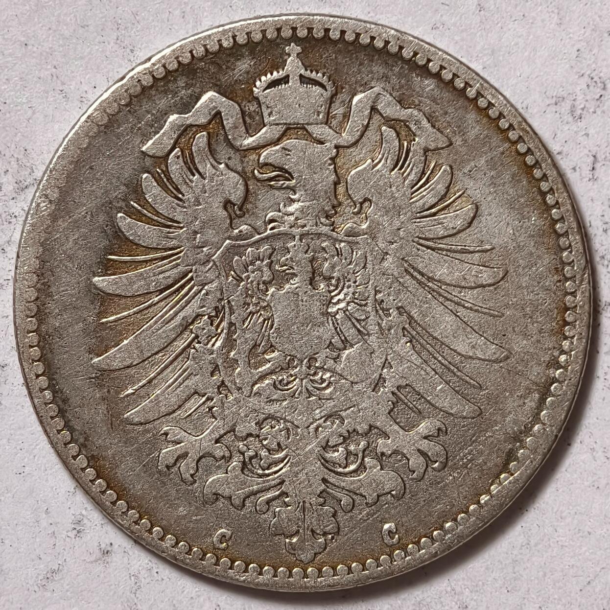 紫瑗钱币——第376期拍卖 德国 1875年 C版 第二帝国 短翅 1马克 5.5克 0.9银