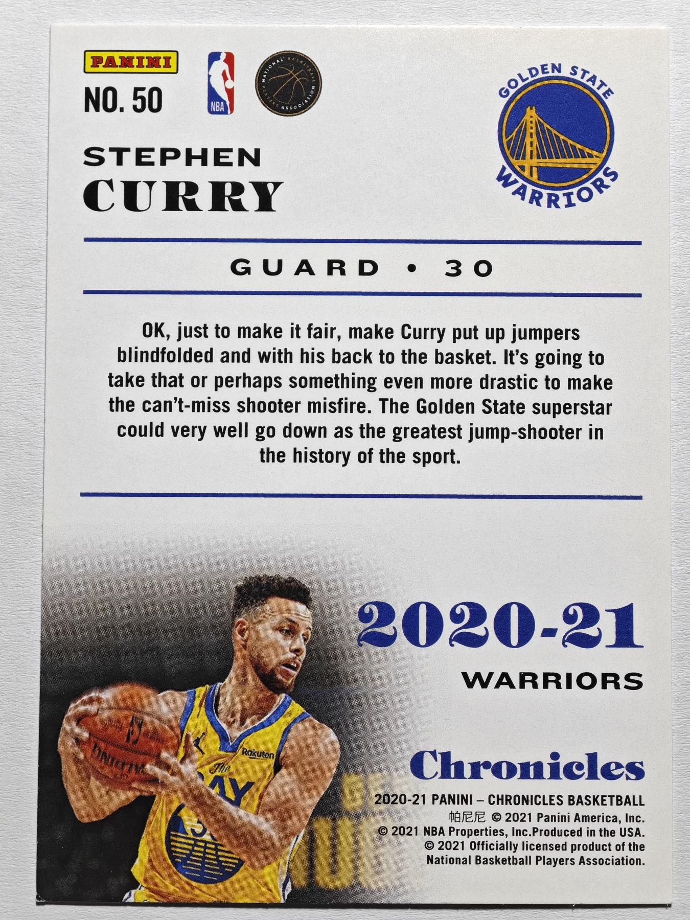 【德藏】 卡牌拍卖第13期【无每件最低收费❗️】  NBA 2020-21年 PANINI Chronicles 勇士 斯蒂芬·库里(本卡包装为全新：卡膜、卡夹、卡夹膜)
