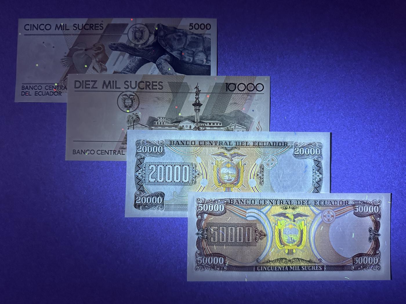《张总收藏》152期-海外套币超精品场 厄瓜多尔5000-50000苏克雷4张 UNC 1999年版全套
