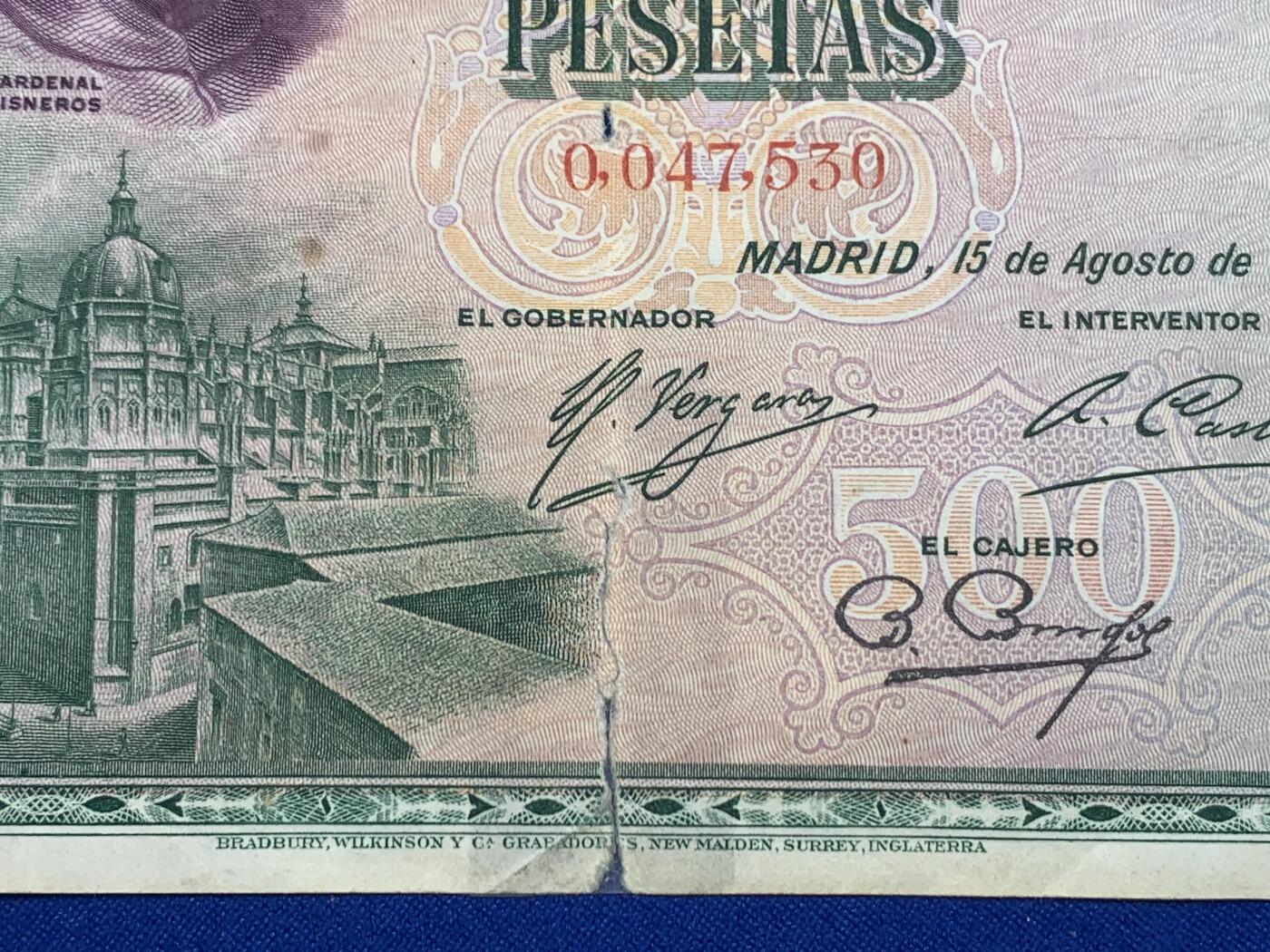 《竞宝斋》第274场- 周日，周一，周二  3场连拍 （全场包邮） 西班牙1928 500比塞塔 纸币细节见图