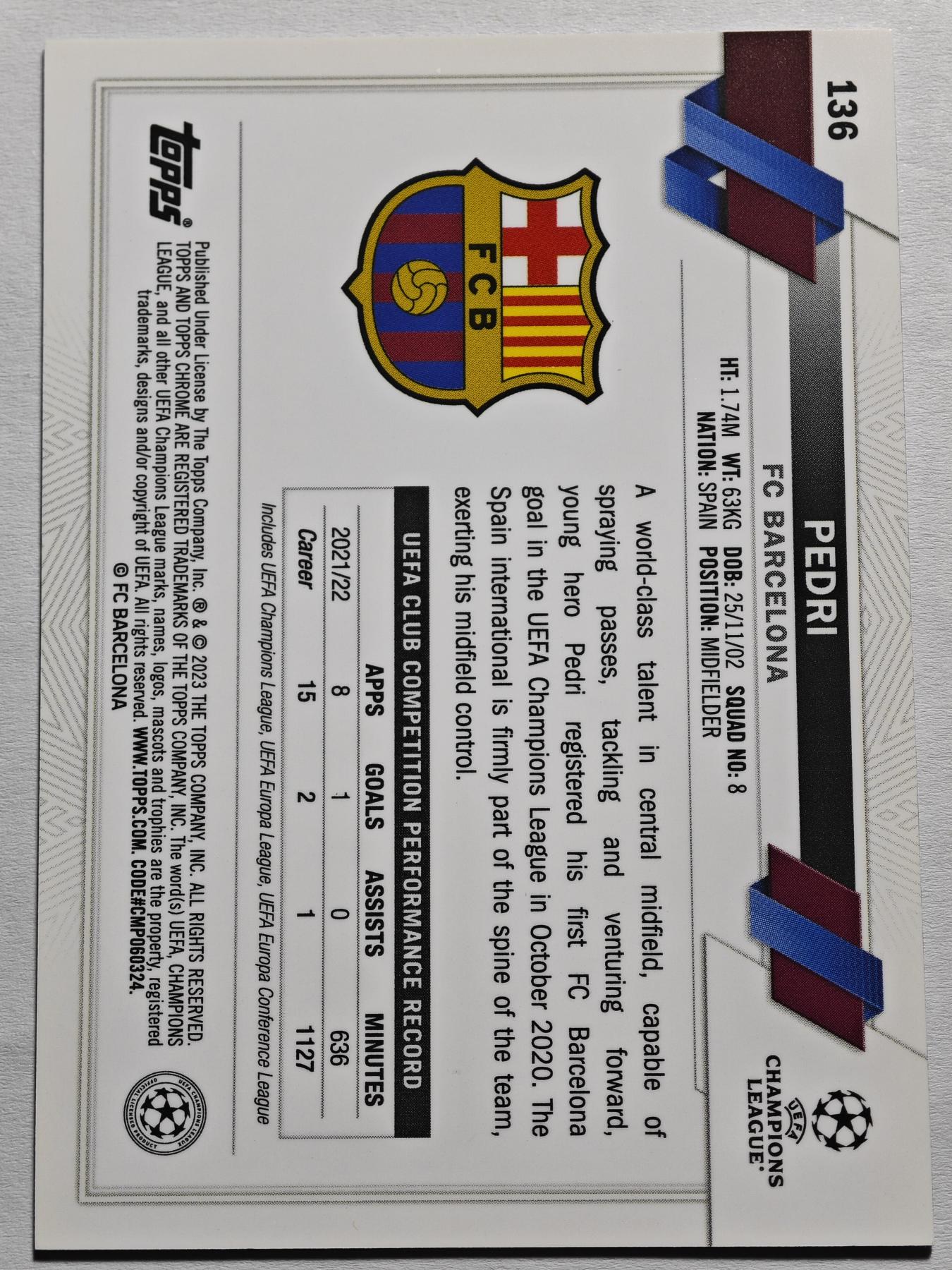 【德藏】 卡牌拍卖第13期【无每件最低收费❗️】 欧冠 2023年 Topps Chrome 巴萨 佩德罗·冈萨雷斯·洛佩斯 蓝碎冰折 (本卡包装为全新：卡膜、卡夹、卡夹膜)