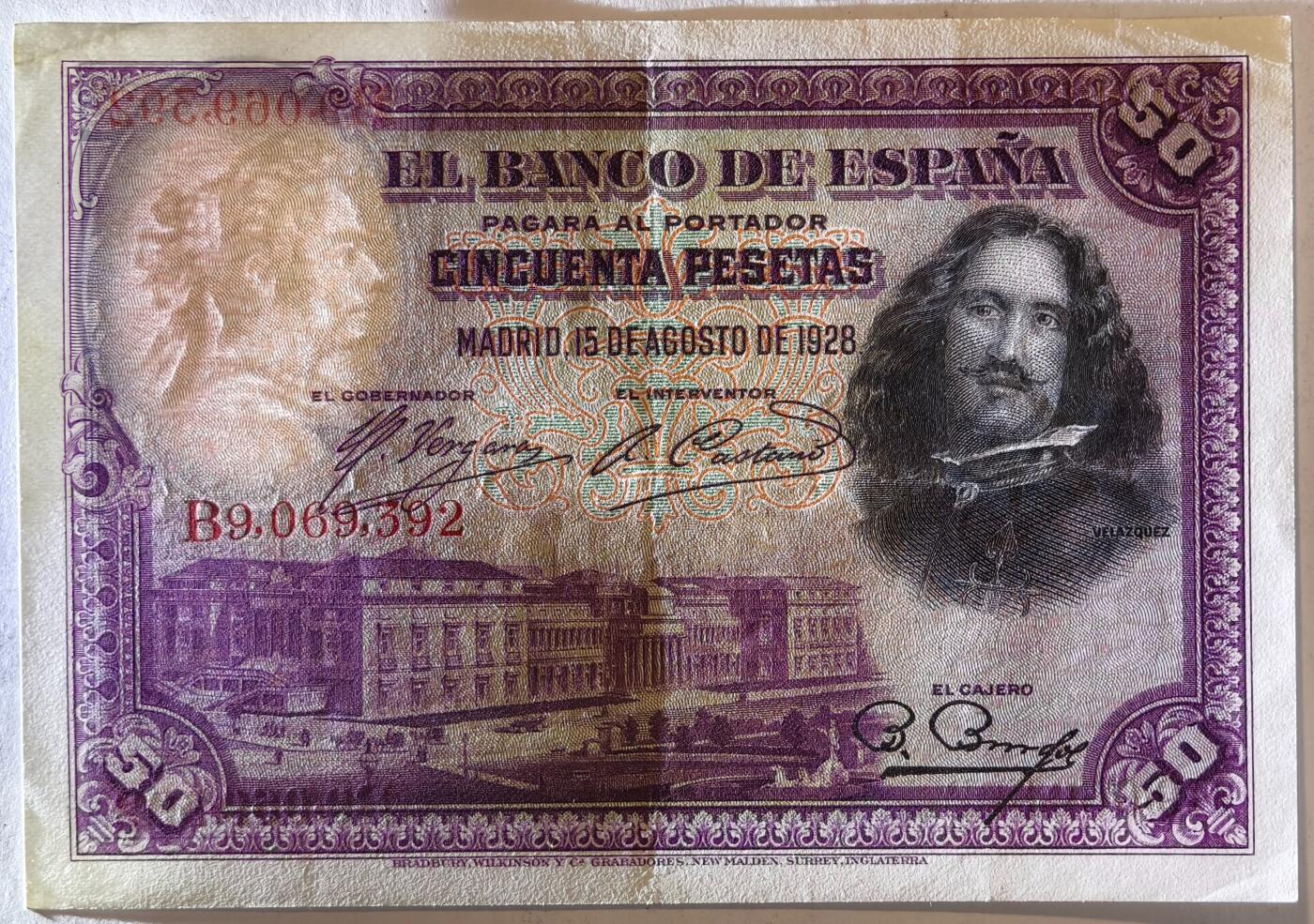 紫瑗钱币——第387期拍卖——纸币场 西班牙 1928年 油画《布雷达的献城》50比塞塔 UNC- 有折  (P-75b)