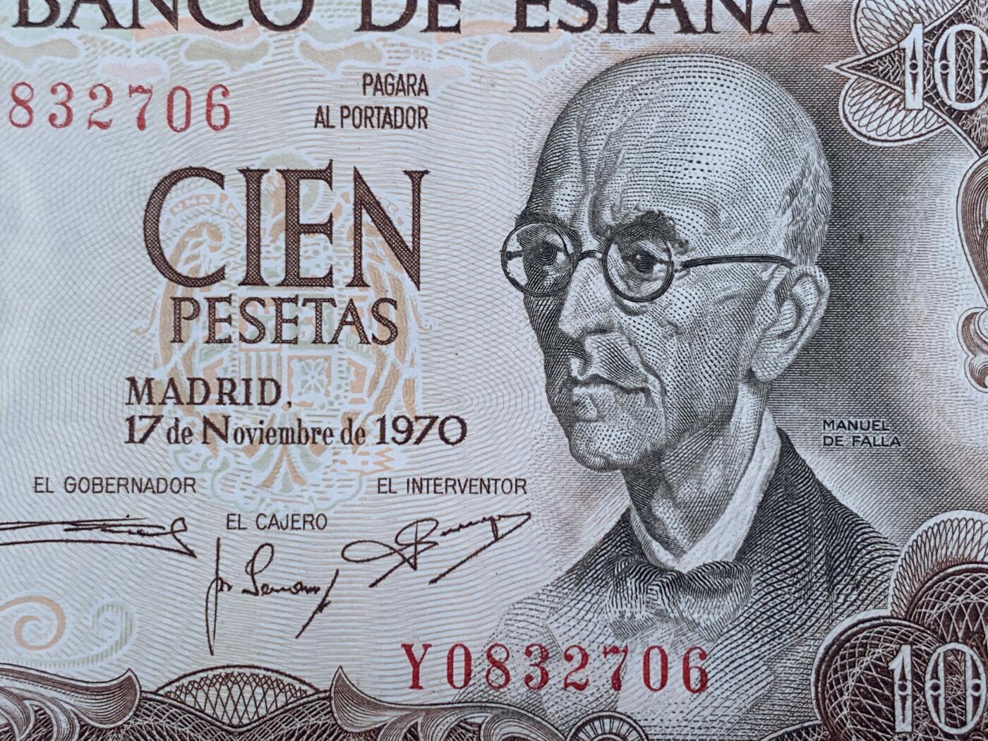 《竞宝斋》第274场- 周日，周一，周二  3场连拍 （全场包邮） 西班牙 1970 100比塞塔纸币 细节见图