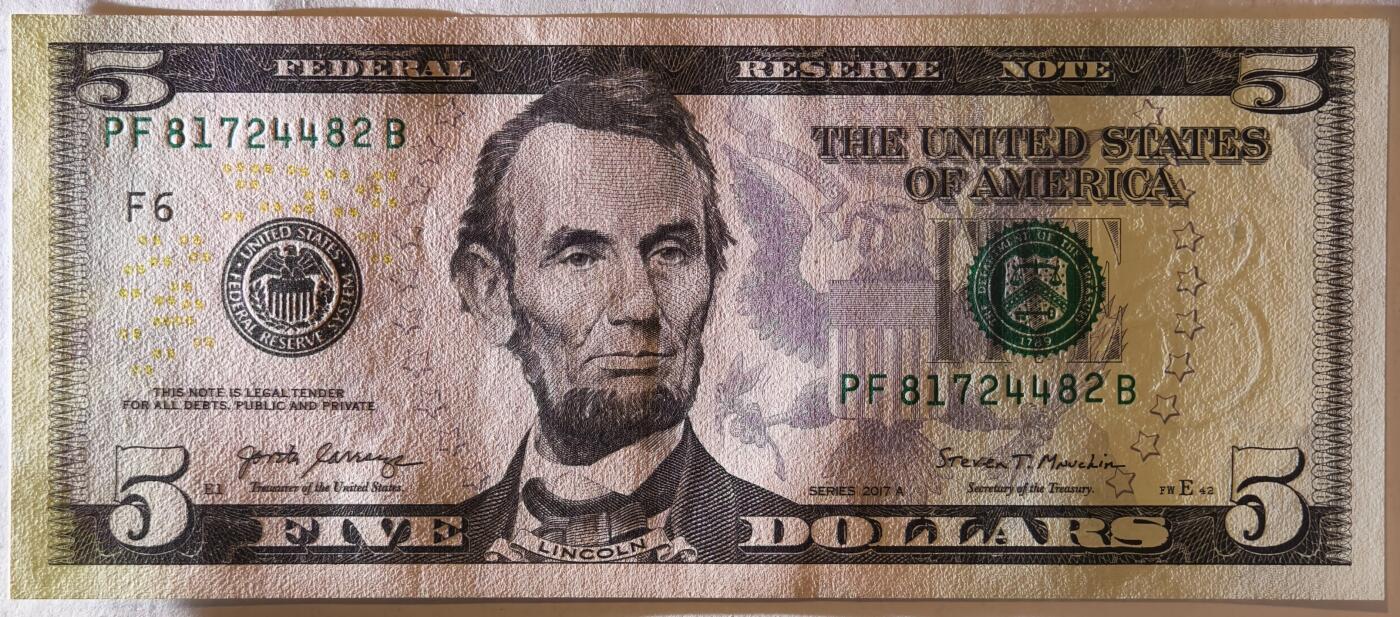 紫瑗钱币——第359期拍卖——纸币场 美国 2017年 F版 A序列 亚伯拉罕·林肯 5美元 彩色版 UNC