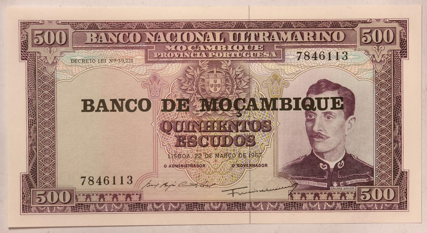 紫瑗钱币——第401期——纸币场 葡属莫桑比克 1967年 500埃斯库多 加盖 UNC