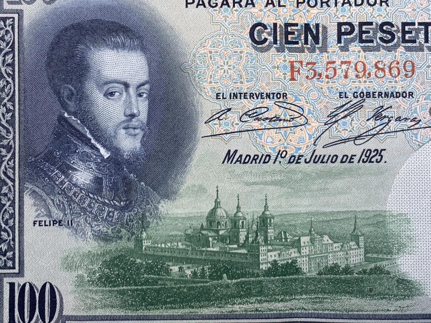 《竞宝斋》第274场- 周日，周一，周二  3场连拍 （全场包邮） 西班牙 1925 100比塞塔 纸币 细节见图