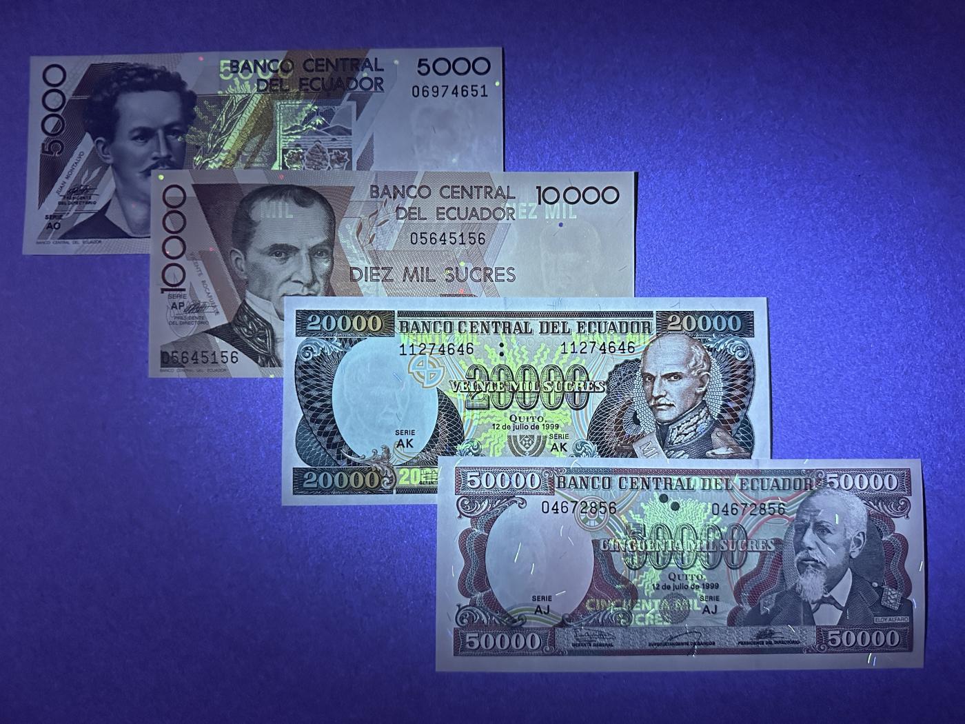 《张总收藏》152期-海外套币超精品场 厄瓜多尔5000-50000苏克雷4张 UNC 1999年版全套
