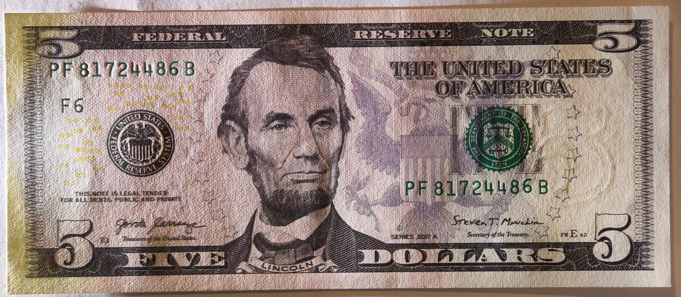 紫瑗钱币——第359期拍卖——纸币场 美国 2017年 F版 A序列 亚伯拉罕·林肯 5美元 彩色版 UNC