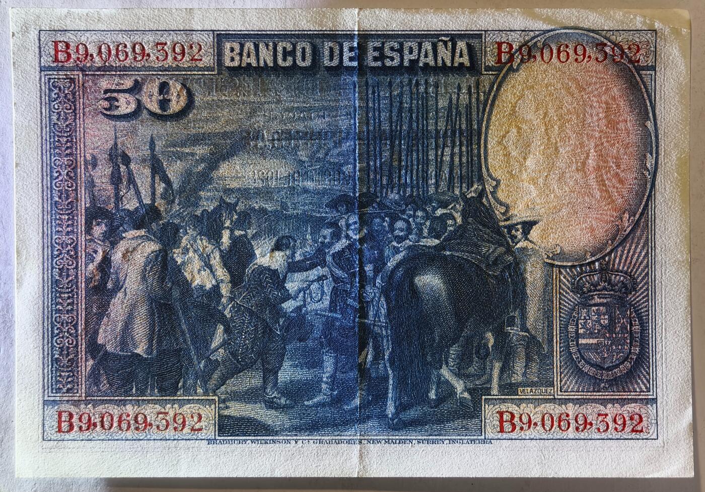 紫瑗钱币——第387期拍卖——纸币场 西班牙 1928年 油画《布雷达的献城》50比塞塔 UNC- 有折  (P-75b)