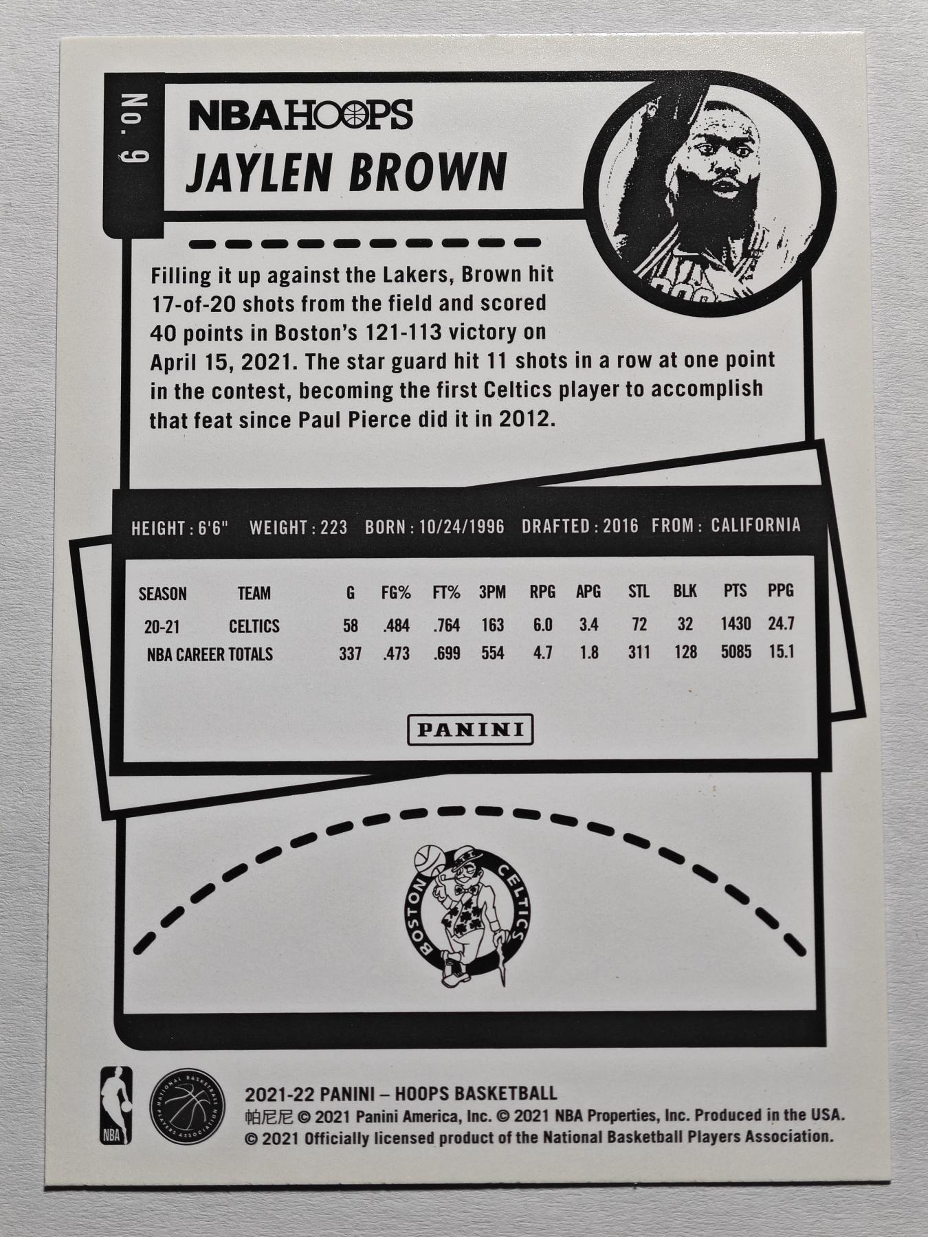 【德藏】 卡牌拍卖第13期【无每件最低收费❗️】 NBA 2021-22年 PANINI HOPPS 凯尔特人 杰伦·布朗 特卡 (本卡包装为全新：卡膜、卡夹、卡夹膜)