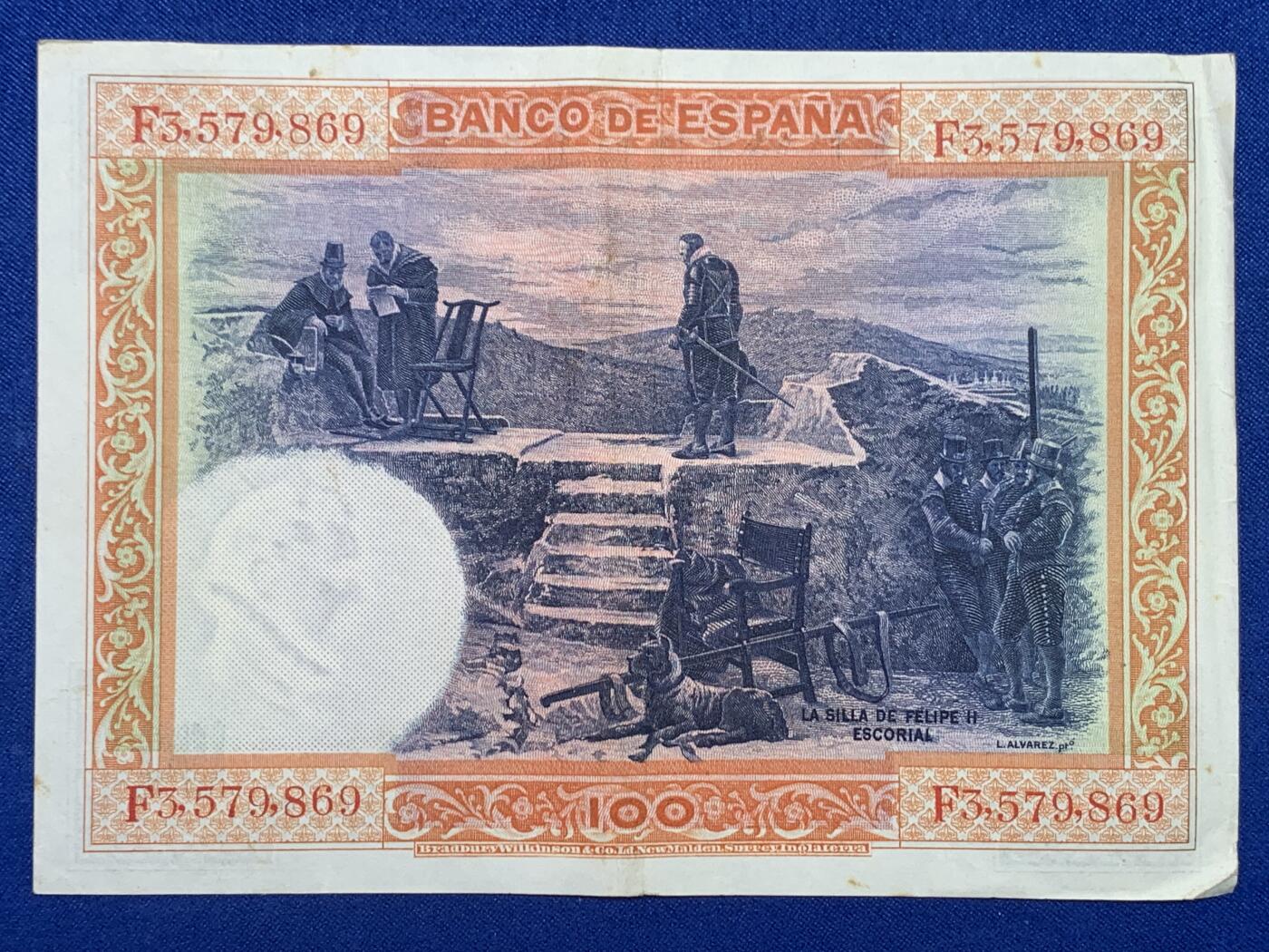 《竞宝斋》第274场- 周日，周一，周二  3场连拍 （全场包邮） 西班牙 1925 100比塞塔 纸币 细节见图