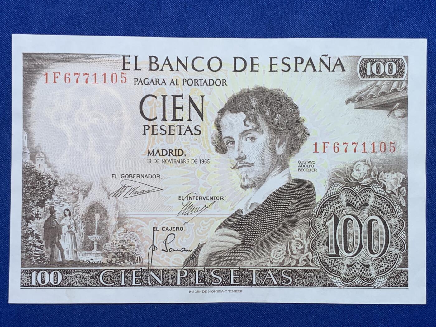 《竞宝斋》第274场- 周日，周一，周二  3场连拍 （全场包邮） 西班牙 1965年 古斯塔沃·阿道夫·贝克凯尔 100比塞塔 纸币