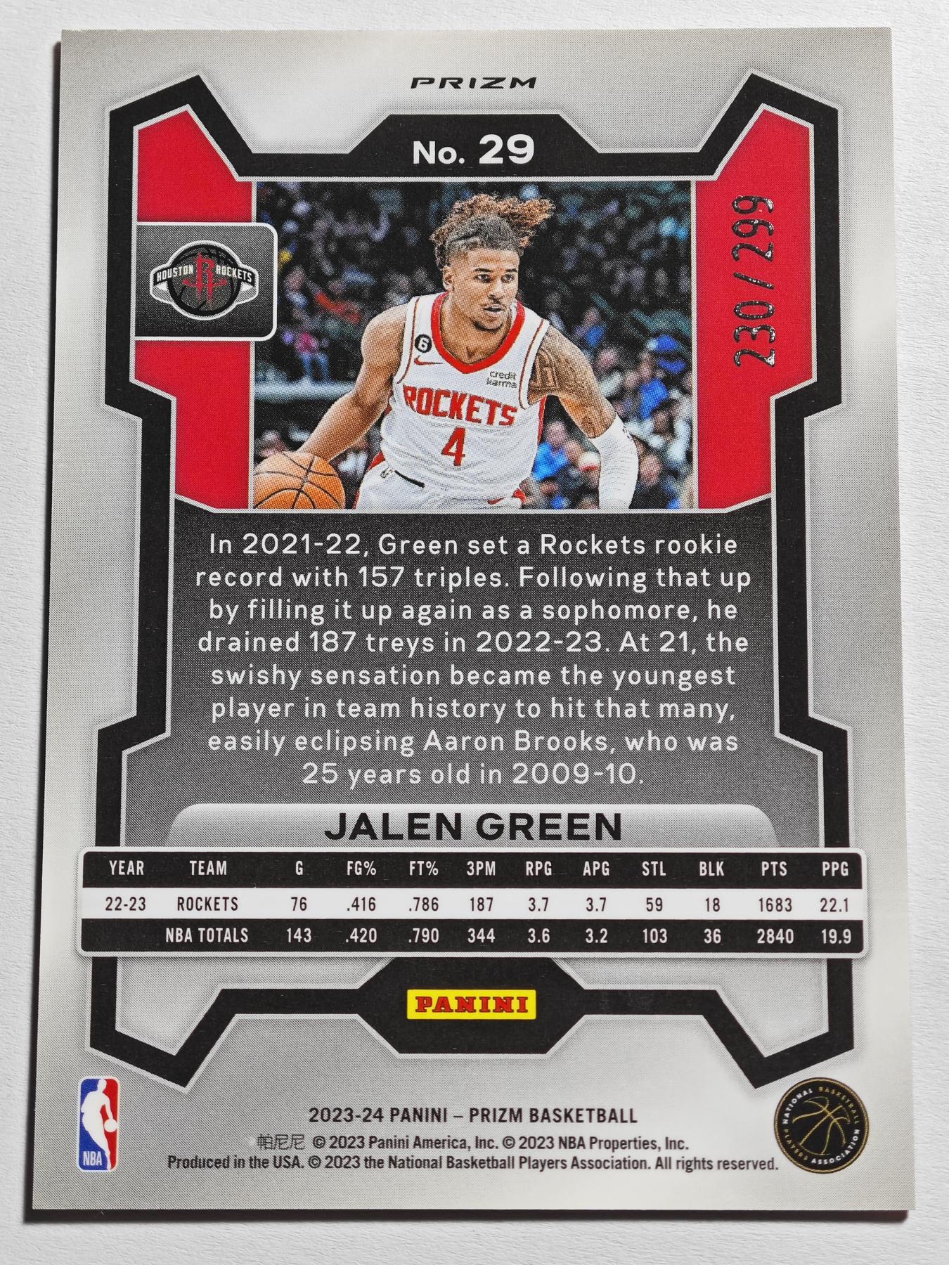 【德藏】 卡牌拍卖第13期【无每件最低收费❗️】 NBA 2023-24 PANINI PRIZM 火箭 杰伦·格林 红折 299编 (本卡包装为全新：卡膜、卡夹、卡夹膜)