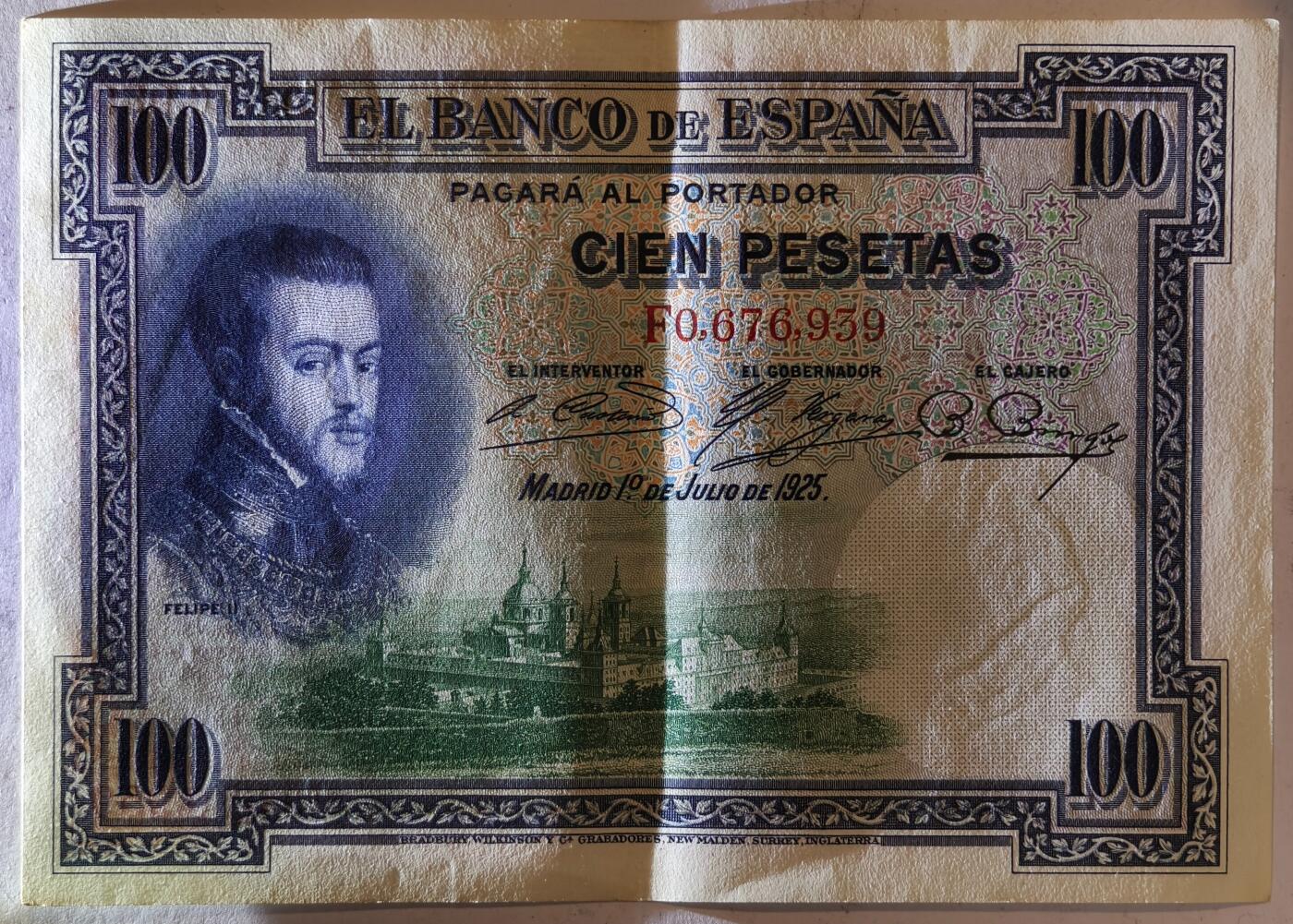 紫瑗钱币——第387期拍卖——纸币场 西班牙 1925年 油画《腓力二世的座椅》 100比塞塔 AU (P-69c)