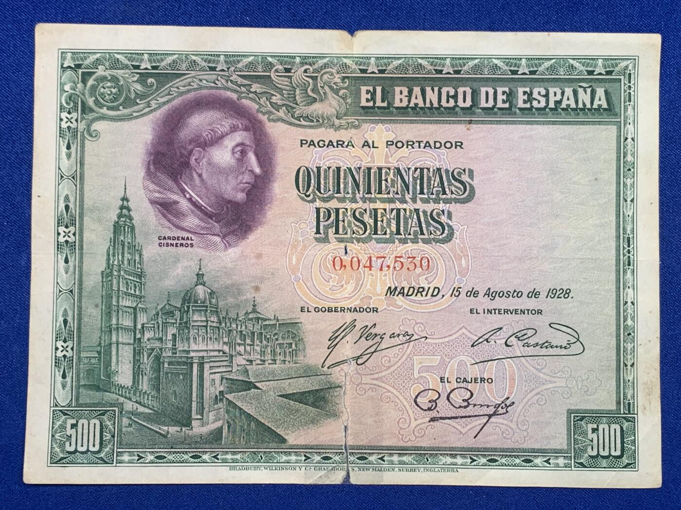 《竞宝斋》第274场- 周日，周一，周二  3场连拍 （全场包邮） 西班牙1928 500比塞塔 纸币细节见图