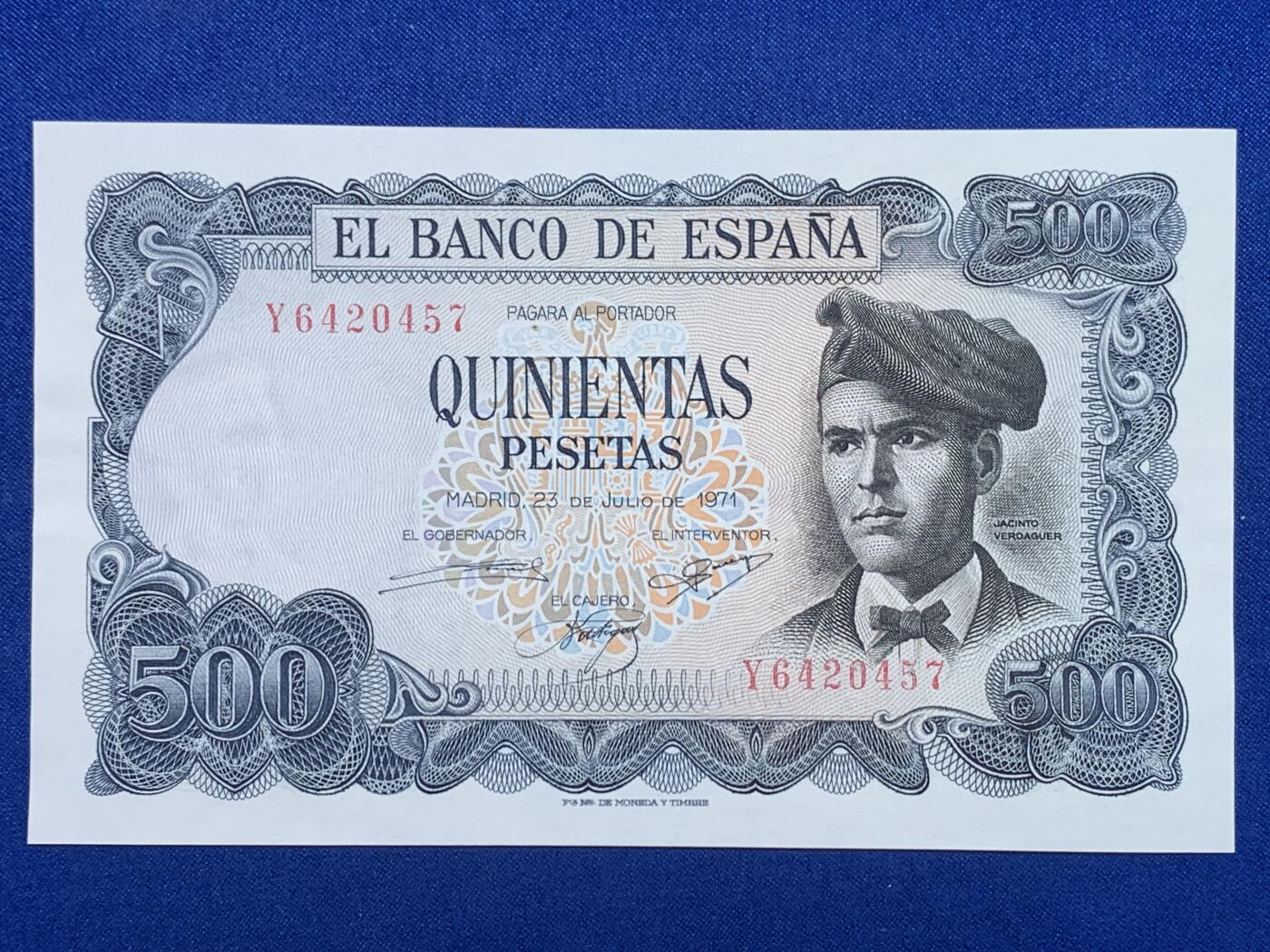 《竞宝斋》第274场- 周日，周一，周二  3场连拍 （全场包邮） 西班牙 1971 500 比塞塔纸币 细节见图