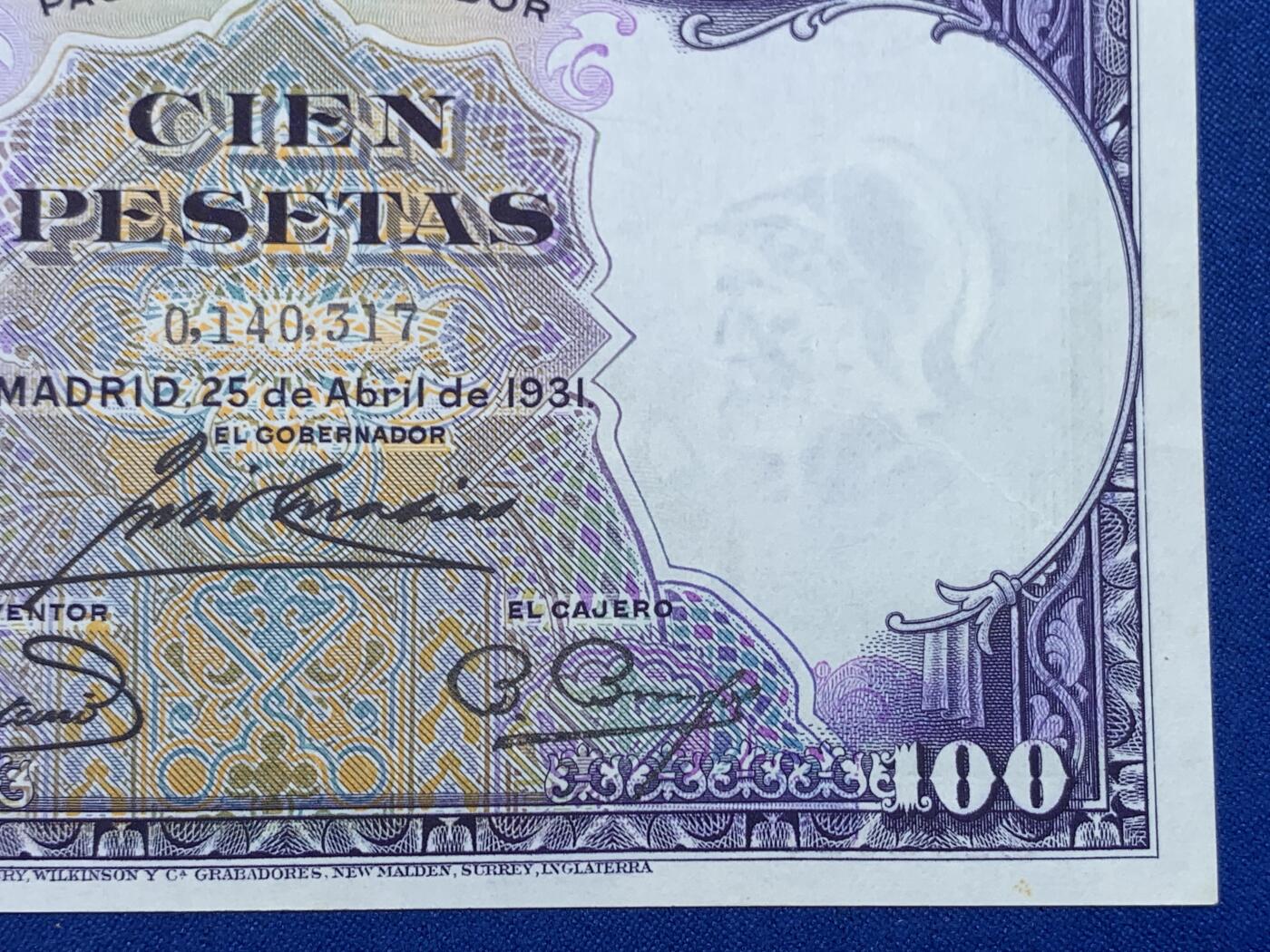 《竞宝斋》第274场- 周日，周一，周二  3场连拍 （全场包邮） 西班牙 1931 100比塞塔纸币 细节见图