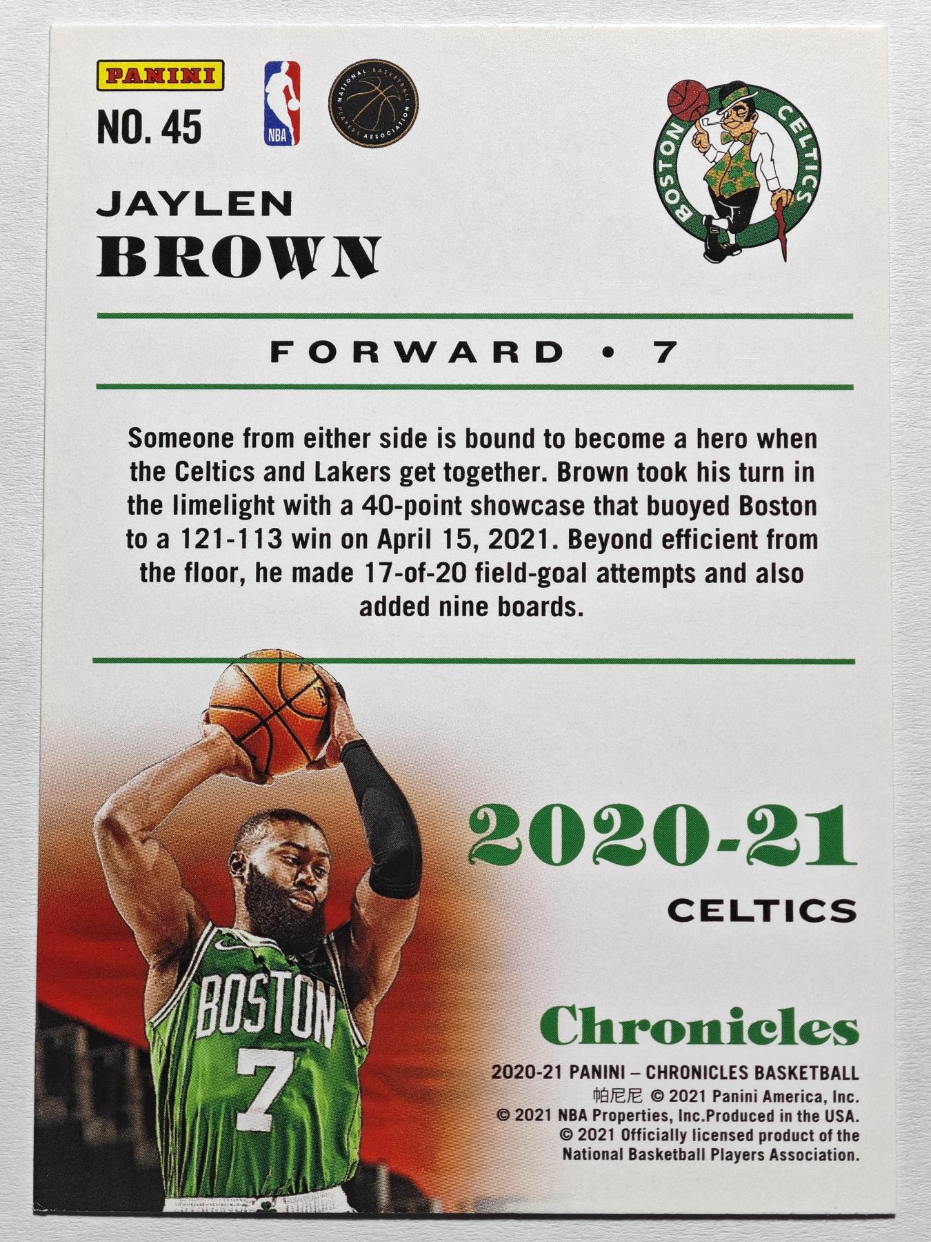 【德藏】 卡牌拍卖第13期【无每件最低收费❗️】 NBA 2020-21年 PANINI Chronicles 凯尔特人 杰伦·布朗 (本卡包装为全新：卡膜、卡夹、卡夹膜)